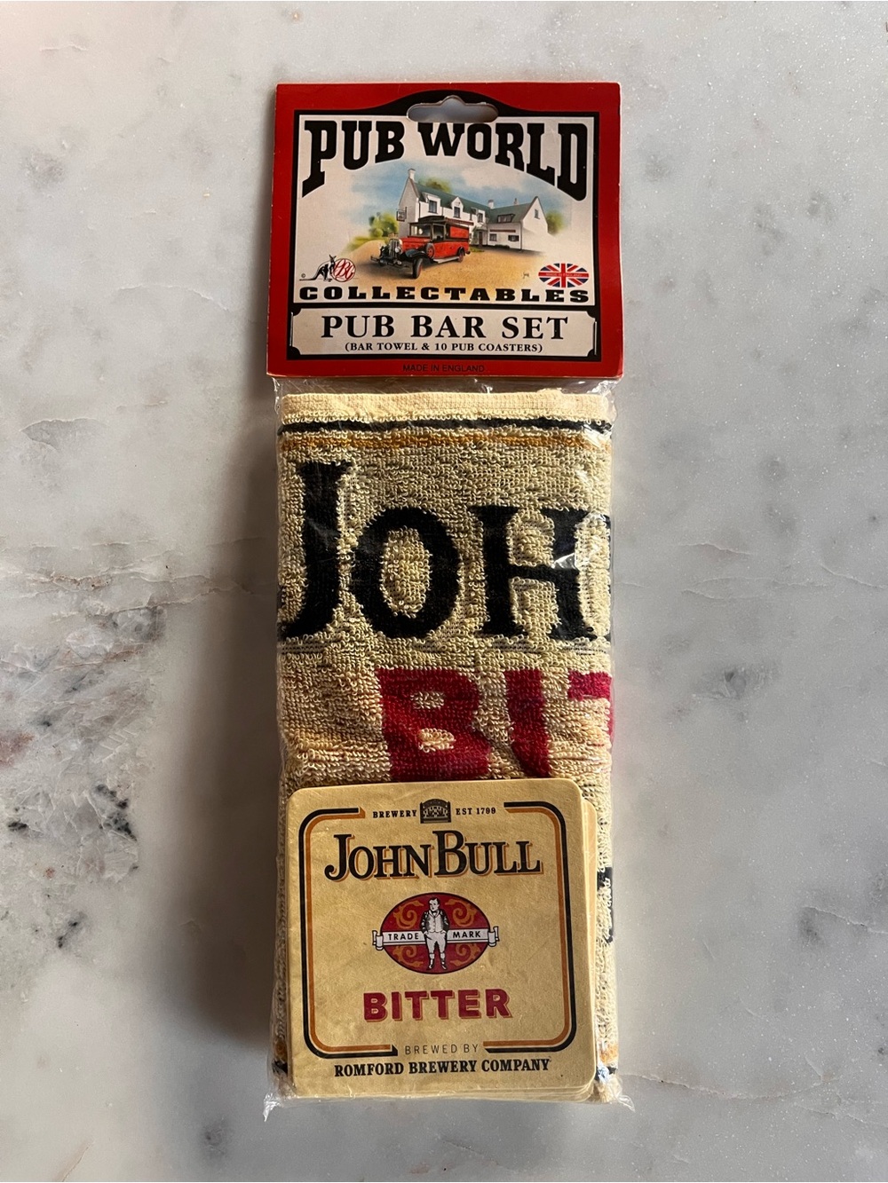 Vintage Pub World Collectables John Bull Bitter Bar Towel & 10 Coasters Set NIP